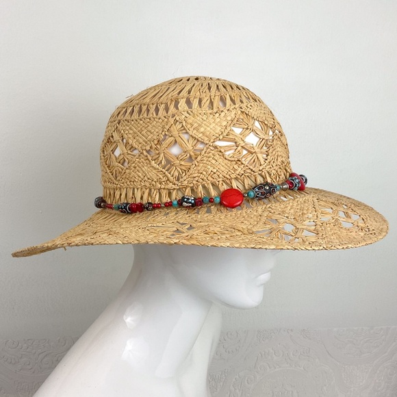 Vintage straw open weave sun hat with custom beaded band M/L beach resort wear - Picture 12 of 12